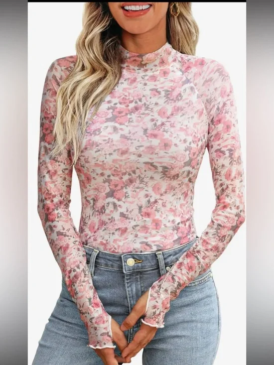 Pink Floral Lace Mesh Layering Top - Picture 1 of 1
